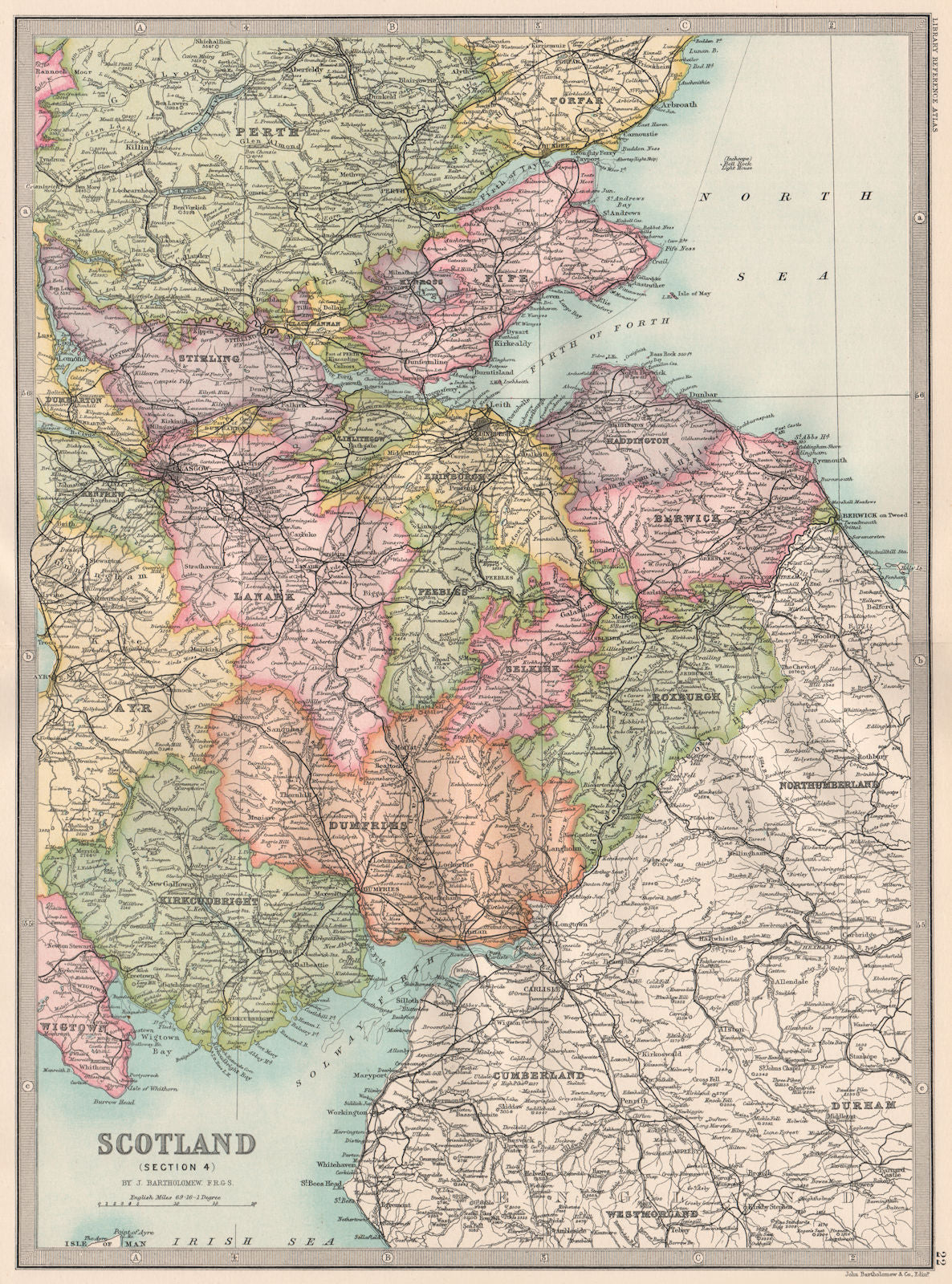 SCOTLAND SOUTH & CENTRAL. Scottish Borders. BARTHOLOMEW 1890 old antique map